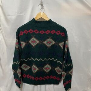Vintage Talbots Nordic Fair IsleSweater 100% Wool Green Pink Apres SkiMilan 2026